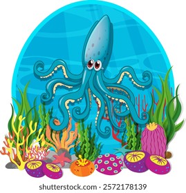 Vibrant octopus surrounded by coral and sea plants