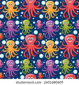 Vibrant octopuses with bubbles on a blue background