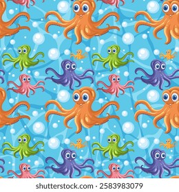 Vibrant octopuses swimming in a bubbly ocean scene