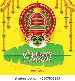 Vibrant Onam Greeting Banner with Kathakali Mask and Marigold Garlands 