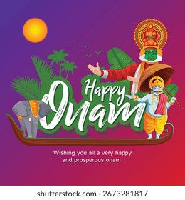 Lebendige Onam Grußkartenvektor mit Kathakali Tänzer, dekorierten Elefanten, König Mahabali, Palmenblätter und Sonnenuntergang Farbverlauf Hintergrund. Ideal für Kunstwerke von Kulturfestivals.