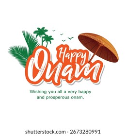 Vibrante diseño de Vector Onam con hojas de palma, pájaros, paraguas decorativo y tipografía de pincel naranja brillante. Ideal para celebraciones culturales y tarjetas de felicitación.