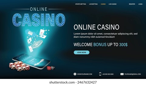 Anuncio de casino en línea vibrante con cartas, dados, fichas volando desde un teléfono inteligente, con una oferta de bono de bienvenida
