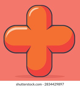 A vibrant orange 3D plus symbol with rounded corners and a glossy finish isolated on a flat background