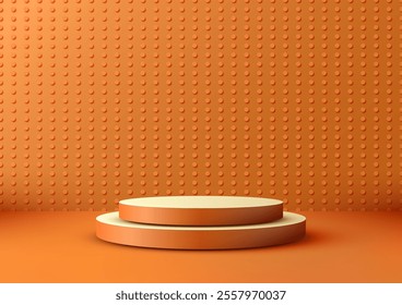 Vibrant orange 3D scene features cylindrical platforms and a dotted pattern background, contemporary product showcases, marketing visuals, and professional presentations