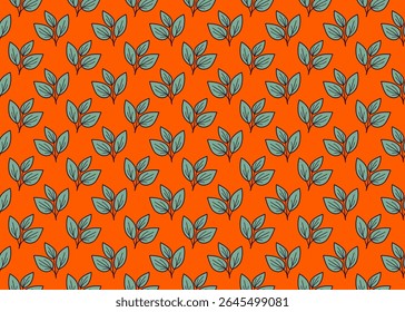Vibrant orange background adorned with a repeating pattern of stylized teal leaves. This cheerful, seamless design evokes feelings of nature, growth, and spring.