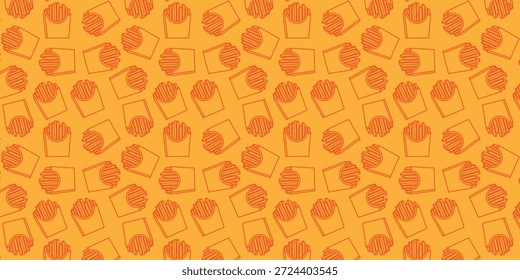Un fondo naranja vibrante presenta un patrón lúdico y sin fisuras de papas fritas de estilo dibujado a mano en recipientes de papel, creando un divertido diseño con temática alimentaria.