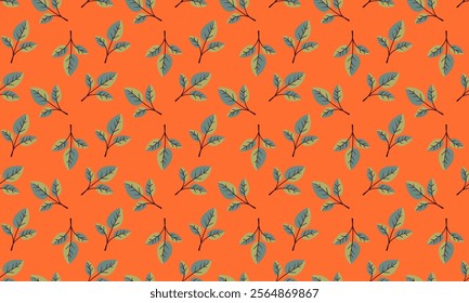 Vibrant orange background features a seamless pattern of stylized teal and olive green leaves on slender branches. Perfect for textile prints, wallpaper, packaging, or website design.