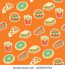 A Vibrant Orange Background Featuring a Fun Fast Food Seamless Pattern