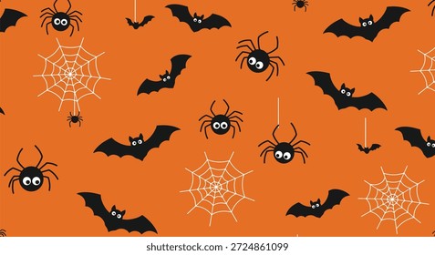 Un fondo naranja vibrante lleno de un patrón repetitivo de murciélagos y arañas negros caricaturescos, intercalados con telarañas blancas.