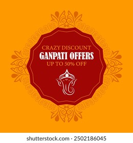 A vibrant orange background highlights the bold text CRAZY DISCOUNT GANPATI OFFERS UP TO 50% OFF surrounded by an ornate decorative frame with a white silhouette of Lord Ganesha inside