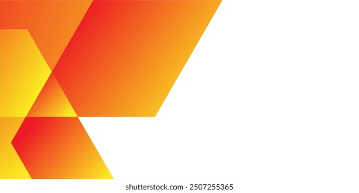 a vibrant orange background with overlapping geometric shapes. The design is modern and dynamic, with a gradient effect creating depth and interest.