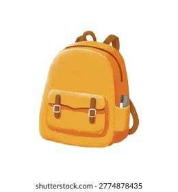 Vibrant orange backpack featuring front pocket buckles and sturdy straps