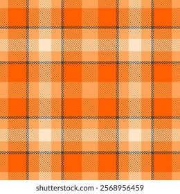 Vibrant orange and beige plaid pattern.  Perfect for fall-themed designs, textiles, or website backgrounds.  The bold, graphic style adds a touch of modern energy to traditional plaid.