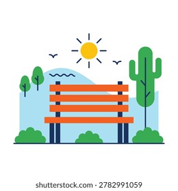 Vibrant orange bench under sunny desert landscape with cactus trees bushes and hills