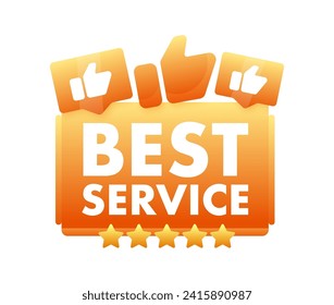 Vibrante placa vectorial naranja BEST SERVICE con imágenes en miniatura e iconos de estrellas, que representan un excelente servicio al cliente y satisfacción