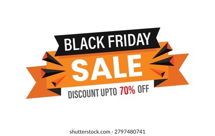 Vibrant orange and black banner with white text reading 'Black Friday Sale' and 'Discount up to 70% off' on a pure white background