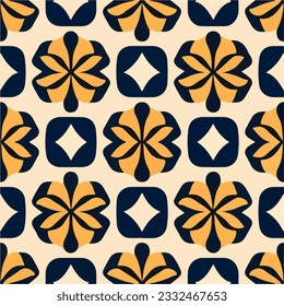 Vibrant orange and black flower pattern on a crisp white background, showcasing an art deco design. This repeating fabric pattern is seamlessly crafted, exuding elegance.