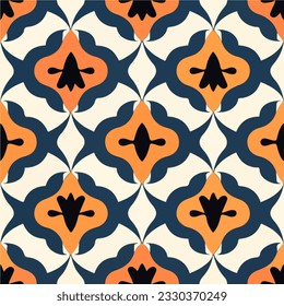 Vibrant orange and black pattern on a white backdrop, resembling the elegance of Art Deco. seamless design suitable for fabrics and various applications.