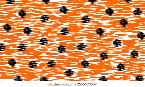 Vibrant Orange and Black Polka Dot Pattern. A lively polka dot design featuring contrasting orange and black elements on a textured white background.