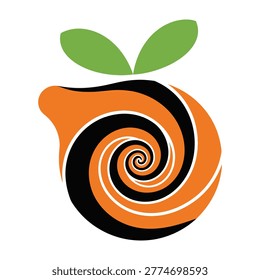 Vibrant orange black and white snail shell with green leaves on top abstract illustration