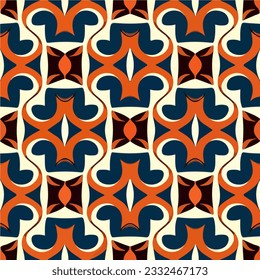 Vibrant orange and blue abstract pattern featuring intricate swirls and curves, reminiscent of the elegant Art Nouveau style, with a seamless design and paisley motifs.