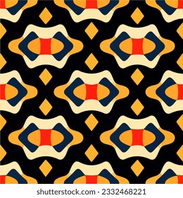Vibrant orange and blue art deco pattern against a black background. This seamless design is ideal for fabric, featuring a repeating pattern that adds depth and style.