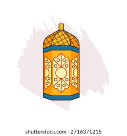 Ilustración de linterna de Ramadán naranja y azul vibrante con patrones intrincados, perfecto para saludos de vacaciones islámicas, decoraciones festivas y promociones de eventos culturales.