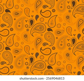 Vibrant orange and brown paisley pattern.  Perfect for textile design, wallpaper, or autumnal themed projects.  Stylish and eye-catching, this seamless design offers endless creative possibilities.