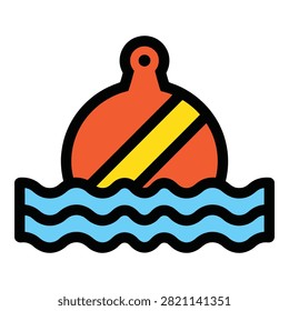 Vibrant orange buoy with yellow warning stripe floating on blue wavy water surface