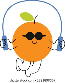 A vibrant orange character with a green leaf, wearing stylish sunglasses, happily jumps rope, showcasing a fun and active lifestyle.