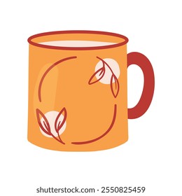 A vibrant orange coffee mug with intricate leaf patterns, perfect for cozy drinks any time of the day