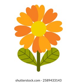 Vibrant orange cosmos flower with a bright yellow center and fresh green leaves. This simple yet charming floral illustration is perfect for stickers, clipart, and botanical-themed designs.