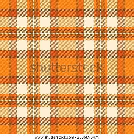 Vibrant orange and cream plaid pattern. Perfect for autumnal designs, textiles, or website backgrounds.  This seamless texture evokes warmth and comfort, ideal for seasonal branding and apparel.