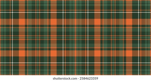 Vibrant orange and deep green plaid pattern.  Perfect for autumnal designs, textile prints, or website backgrounds.  Seamless repeat tileable texture offers versatile design possibilities.