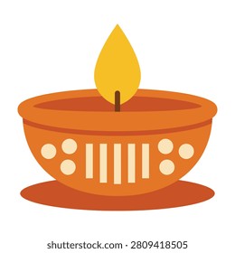 A vibrant orange diya lamp with a lit yellow flame on a plain white background, symbolizing light and hope