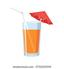 Una bebida naranja vibrante servida en un vaso transparente, adornada con un pequeño paraguas de papel y una pajita.