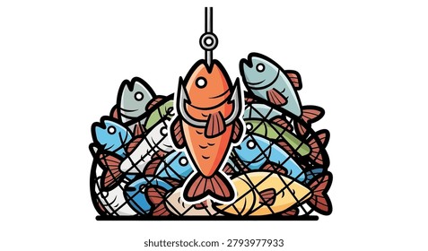 A vibrant orange fish hangs from a hook