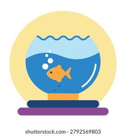 A vibrant orange fish swims in a blue fishbowl on a purple base with a yellow background