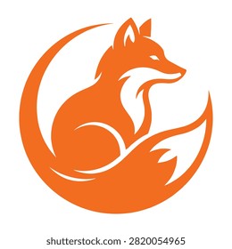 Vibrant orange fox sitting in stylized crescent moon shape, symbol logo, animal representation