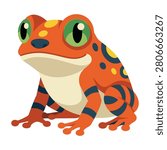 Vibrant orange frog with green eyes and blue spots sitting on white background looking cute and funny