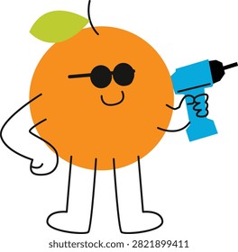 A vibrant orange fruit character, complete with a green leaf, black sunglasses, and a cheerful smile, confidently holds a blue power drill, exuding a playful and industrious vibe.