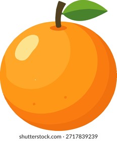 Fruta naranja vibrante representada en un estilo de ilustración simple y plano, con un tallo marrón y una hoja verde fresca sobre un fondo blanco