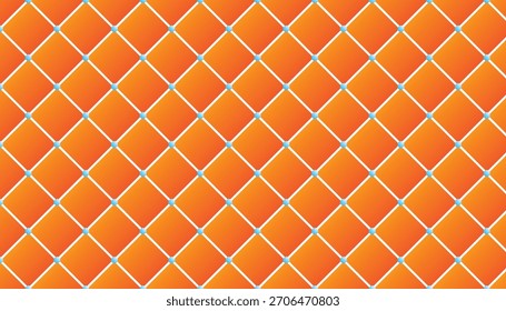Plano de fundo padrão contínuo geométrico laranja vibrante com formas de diamante conectadas por linhas brancas e pequenos pontos azuis em cada interseção. Design moderno e abstrato.