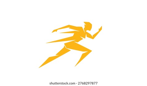 A vibrant orange, geometrically stylized figure is depicted running, conveying a sense of energetic motion and athletic prowess.
