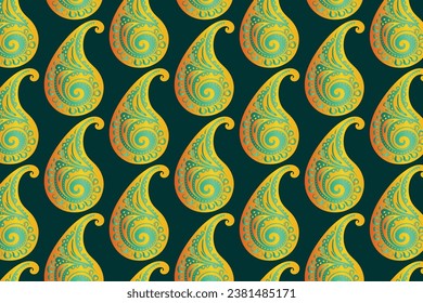 Vibrant Orange and Green Paisley Pattern Arranged Diagonally on Dark Background