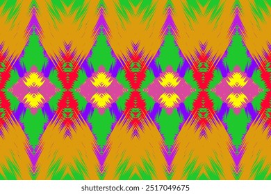 Vibrant Orange, Green, and Purple Ikat: Seamless Tribal Geometric Pattern for Trendy Interiors and Fabrics