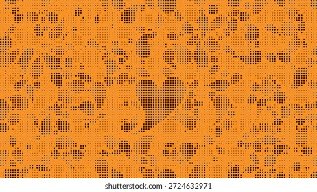 Patrón de corazón de semitono naranja vibrante con Formas punteadas al azar y Ilustración vectorial de fondo de textura afligida