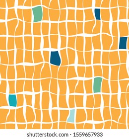 Vibrant orange hand drawn doodle line grid with scattered blue blocks Seamless geometric vector pattern. Summer vibe.Great as a texture, for packaging, wellness products, fabric, stationery, giftwrap