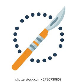 Vibrant orange handled utility knife surrounded by navy blue dots on white background, symbolizing creativity and precision.